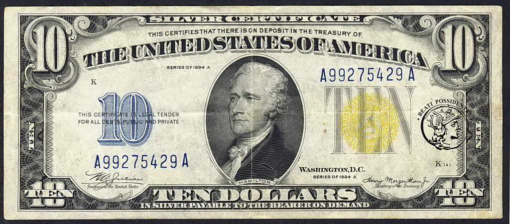 USA 10 dolarów 1934 A silver certificate st.3-