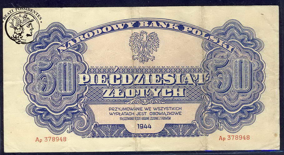 Polska 50 złotych 1944 (obowiązkowe) seria Ap st.4