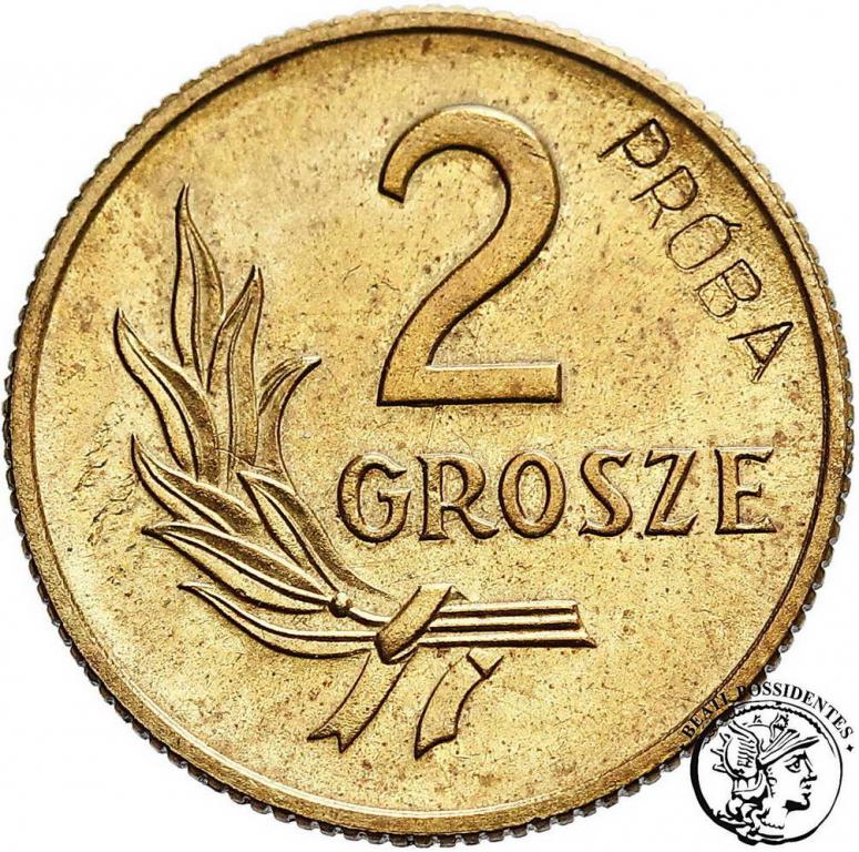 Polska PRÓBA mosiądz 2 grosze 1949 st.1-/2+
