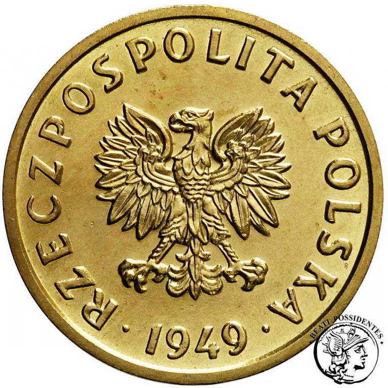 Polska PRÓBA mosiądz 5 groszy 1949 st.1-/2+