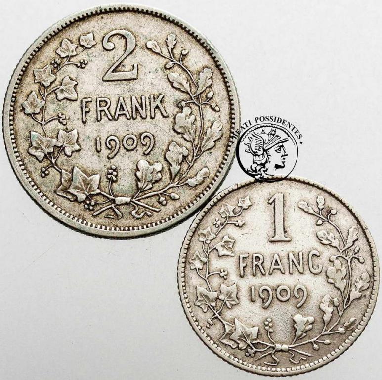 Belgia 1+2 franki 1909 lot 2 szt. st. 3
