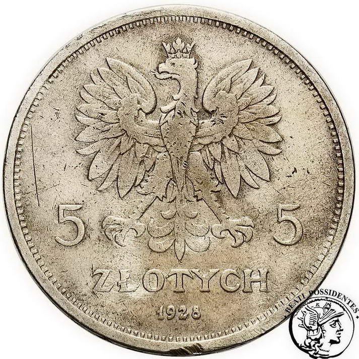 Polska 5 złotych 1928 Nike(znak menniczy) st. 3