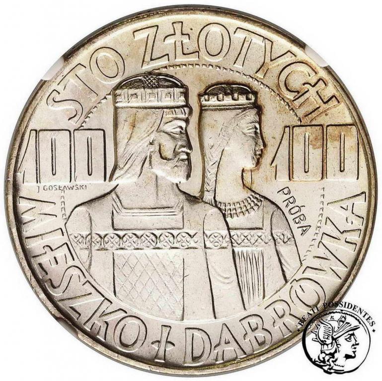 PRÓBA SREBRO 100 złotych 1966 Millenium NGC MS65