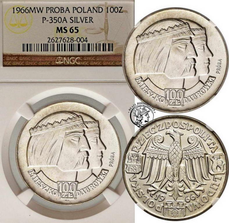 PRÓBA SREBRO 100 złotych 1966 Millenium NGC MS65