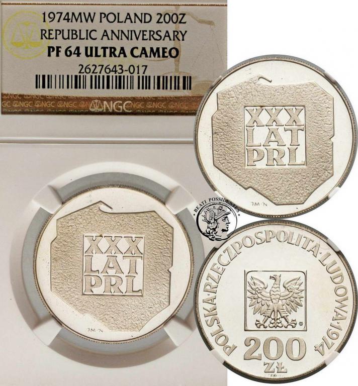 PRL 200 złotych 1974 XXX PRL (lustrzanka) NGC PF64