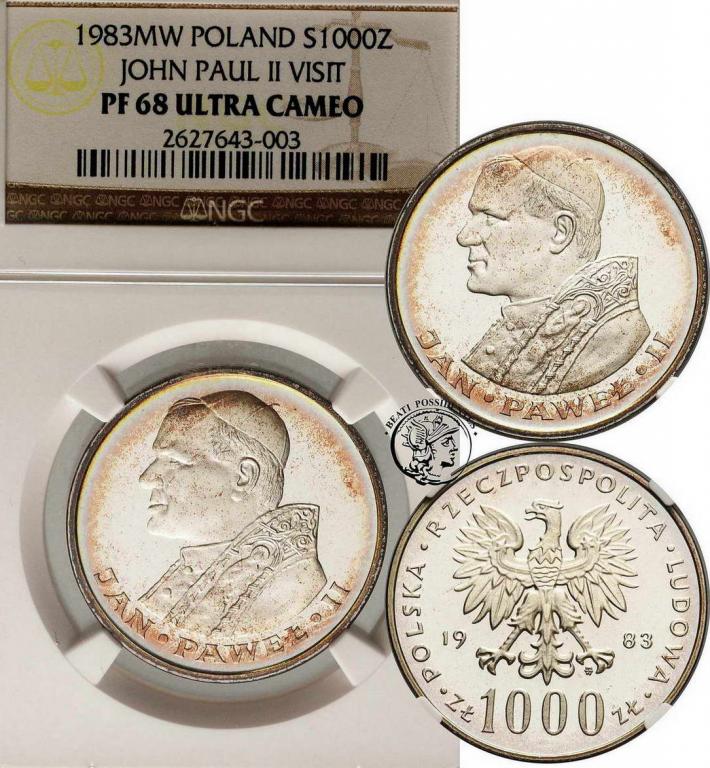 1000 złotych 1983 Jan Paweł II (lustrz.) NGC PF68