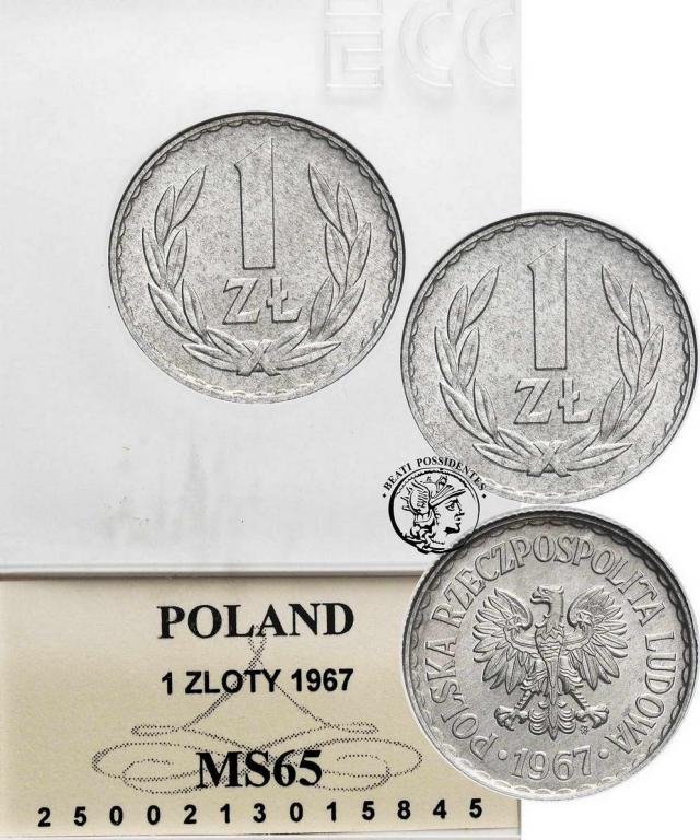 Polska PRL 1 złoty 1967 Al GCN MS65