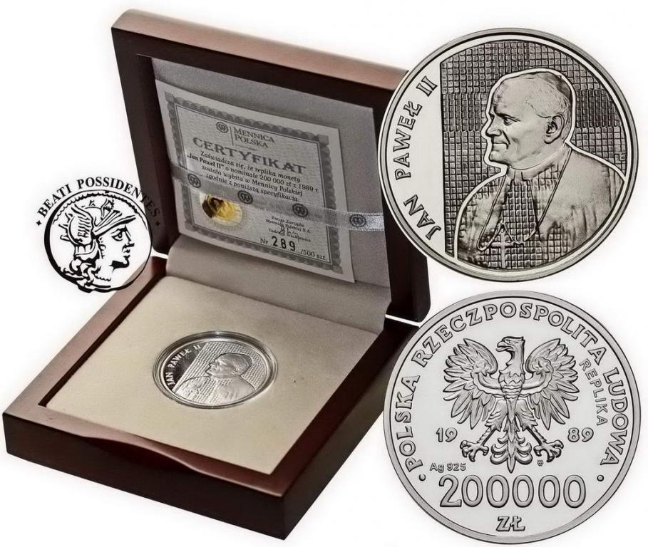 Polska REPLIKA 200 000 złotych 1989 JP II st. L