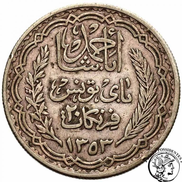 Tunezja 20 franków 1353 AH (1934) st.3+