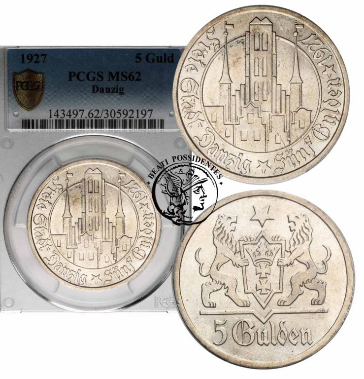 Wolne Miasto Gdańsk 5 Guldenów 1927 PCGS MS62