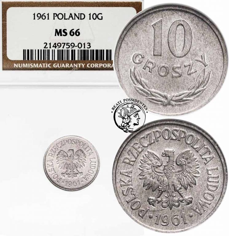 Polska PRL 10 groszy 1961 Al NGC MS66