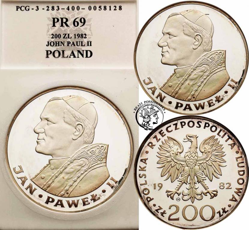 200 zł 1982 Jan Paweł II stempel lustrz. PCG PR69