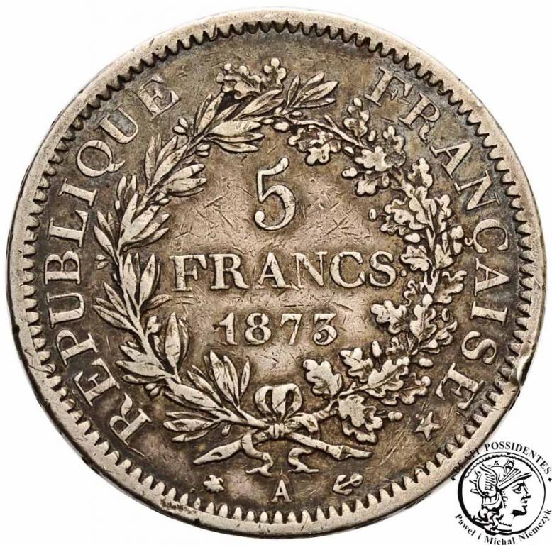 Francja 5 franków 1873 A - Paris st.3+