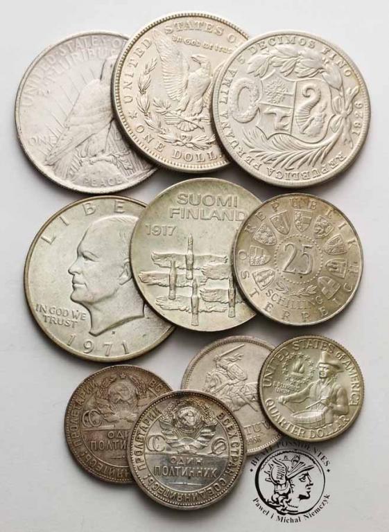 USA / świat różne monety srebrne lot 10 sztuk st.3