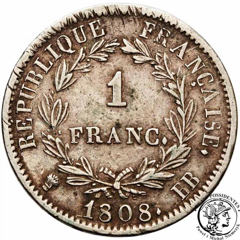 Francja 1 frank 1808 BB Napoleon I Strasbourg st3+