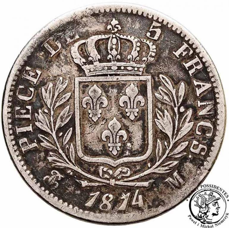 Francja Ludwik XVIII 5 franków 1814 M-Toulouse st3