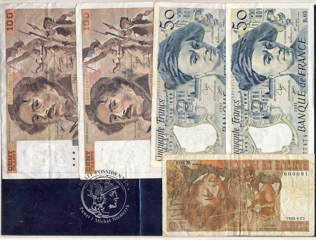 Francja banknoty 1978-1993 lot 5 sztuk st.3/5