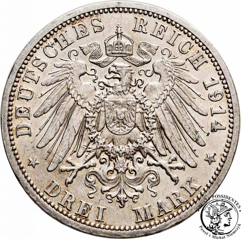 Niemcy Prusy Wilhelm II 3 Marki 1914 st.2-