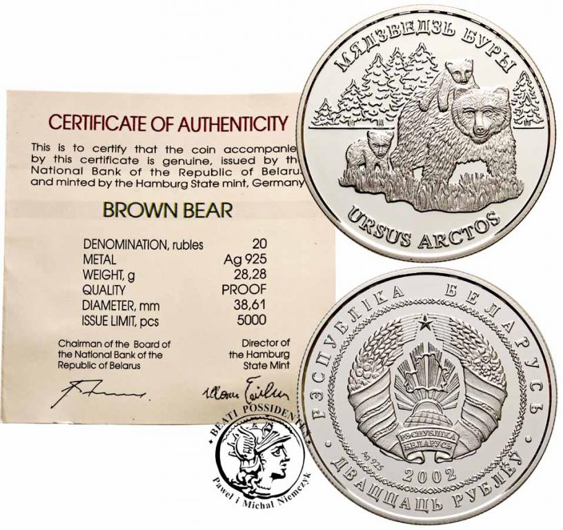 Białoruś 20 rubli 2002 Niedźwiedź brunatny st. L