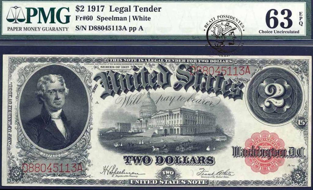 USA 2 dolary 1917 large size Legal Tender PMG 63