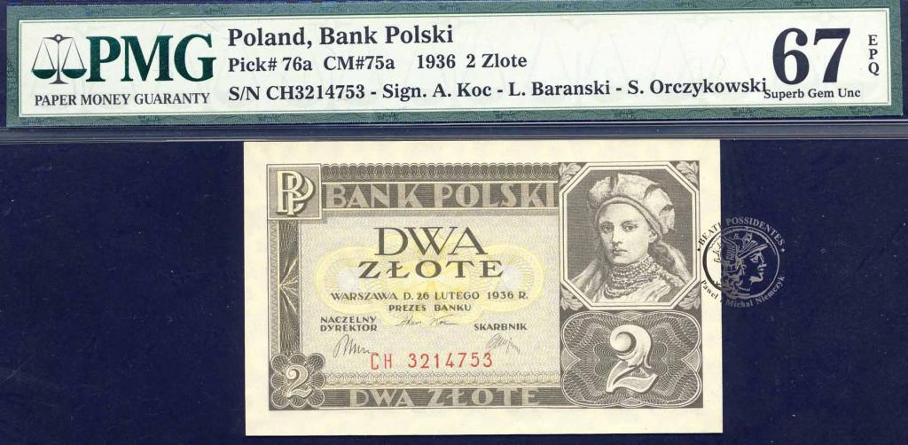 Polska 2 złote 1936 seria CH PMG 67