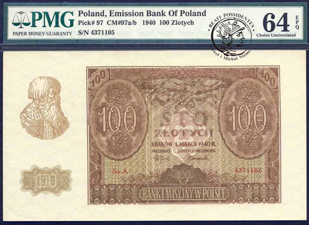 Polska GG 100 złotych 1940 seria A PMG 64