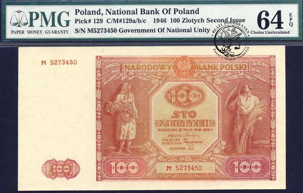 Polska 100 złotych 1946 seria M PMG 64
