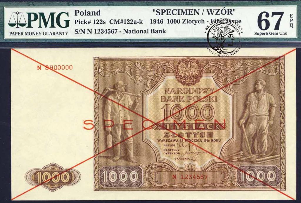 Polska WZÓR 1000 złotych 1946 PMG 67