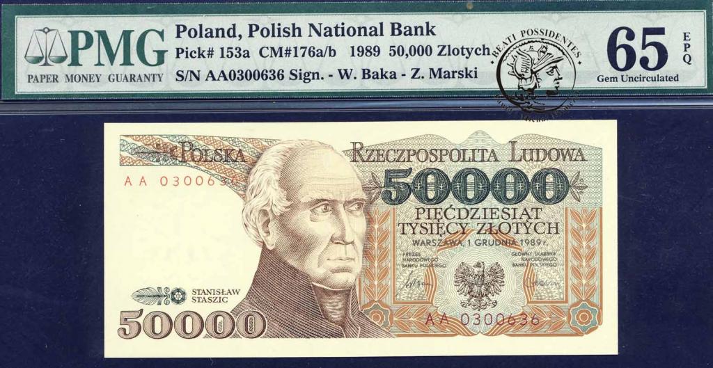 Polska 50 000 złotych 1989 seria AA PMG 65