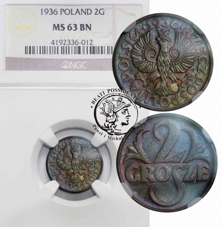 Polska II RP 2 grosze 1936 NGC MS63 BN
