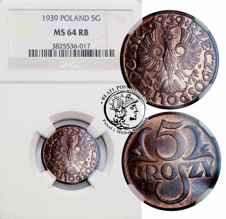 Polska II RP 5 groszy 1939 NGC MS64 RB