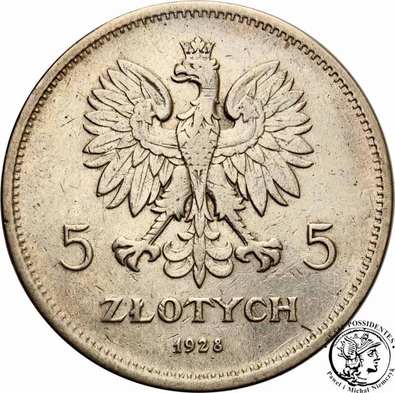 Polska 5 złotych 1928 Nike ze znakiem st. 3-