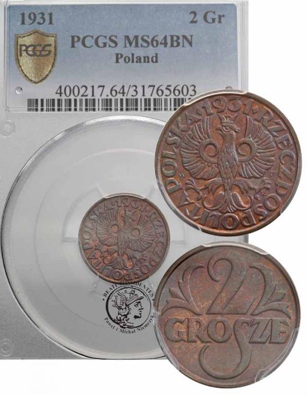 Polska II RP 2 grosze 1931 PCGS MS 64 BN