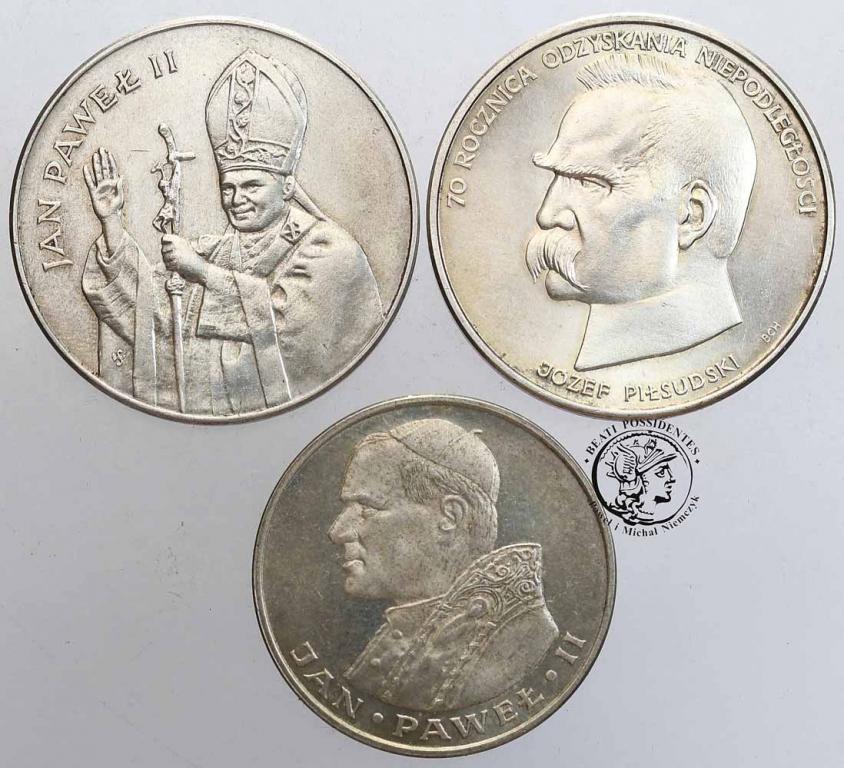 Monety srebrne 3 szt Jan Paweł II Piłsudski st.1/2