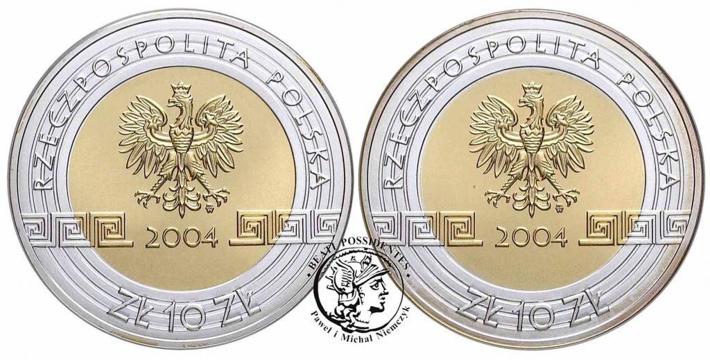10 złotych 2004 Ateny platerowane 2 szt.st.L