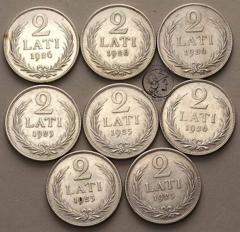 Łotwa 2 Lati 1925-26 lot 8 szt. srebro st.3/3+