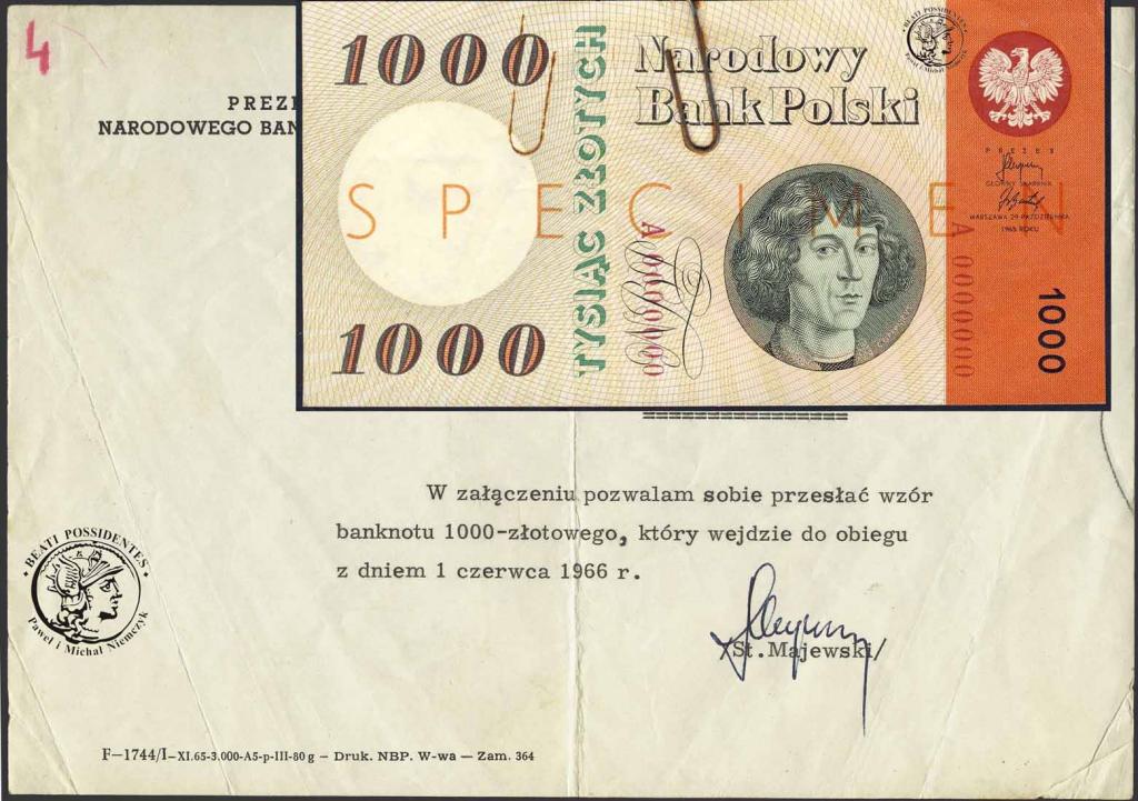 Polska 1000 złotych 1965 WZÓR autograf prezesa
