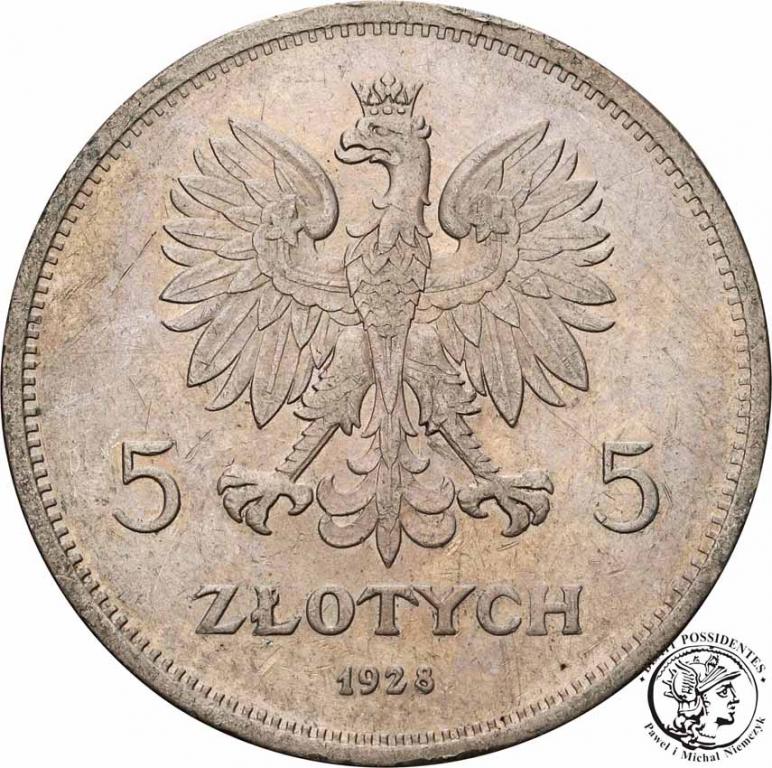 Polska 5 złotych 1928 Nike ze znakiem st. 3/3+