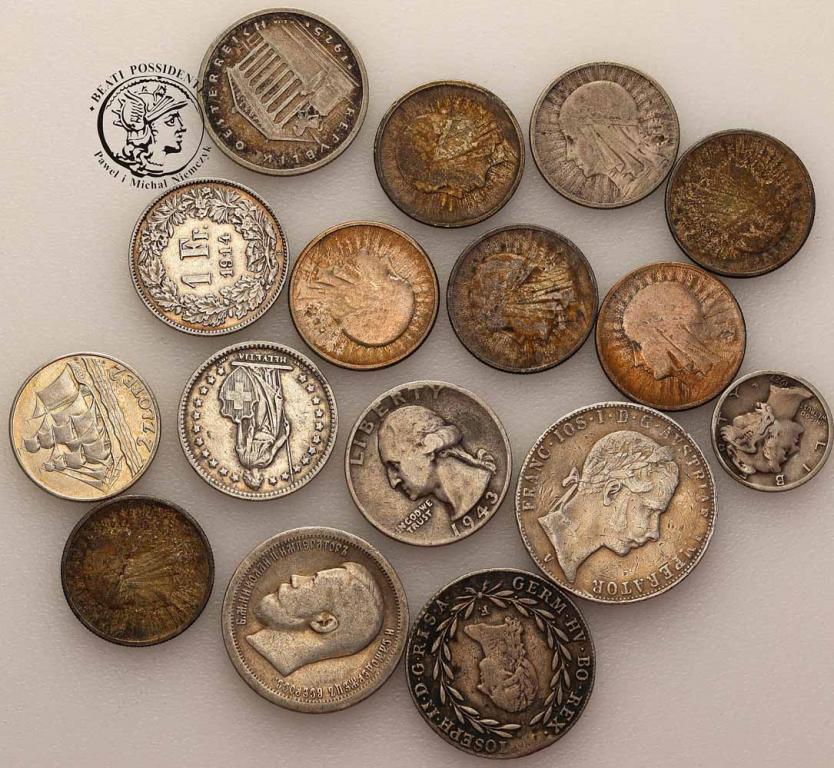 Świat różne monety srebrne lot 16 sztuk st.3