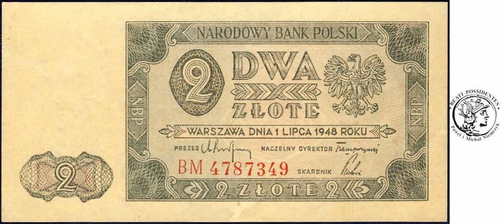 Polska banknot 2 złote 1948 seria BM st.2+