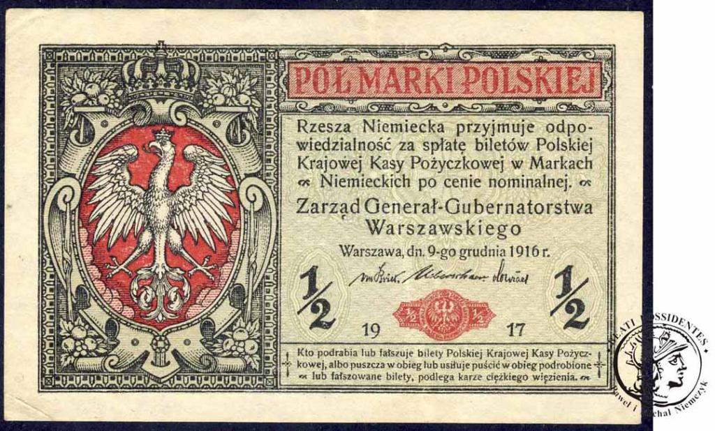 Banknot 1/2 marki polskiej 1916 - Generał st. 2-
