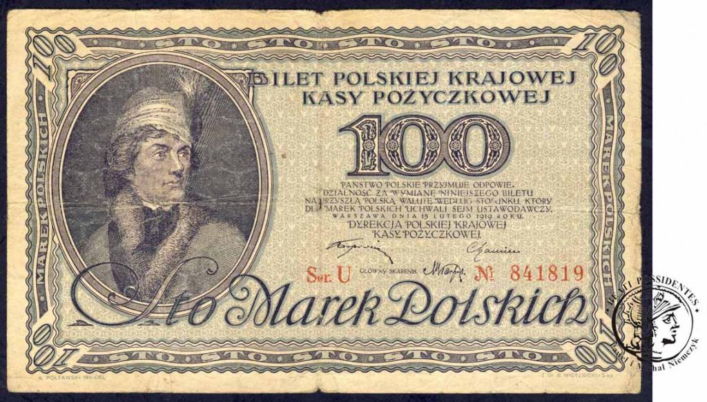 100 marek polskich 1919 Kościuszko - ser U - st. 3