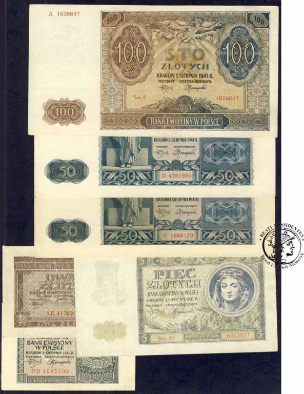 Zestaw Banknotów 1 - 100 złotych 1941 RÓŻNE st2/3