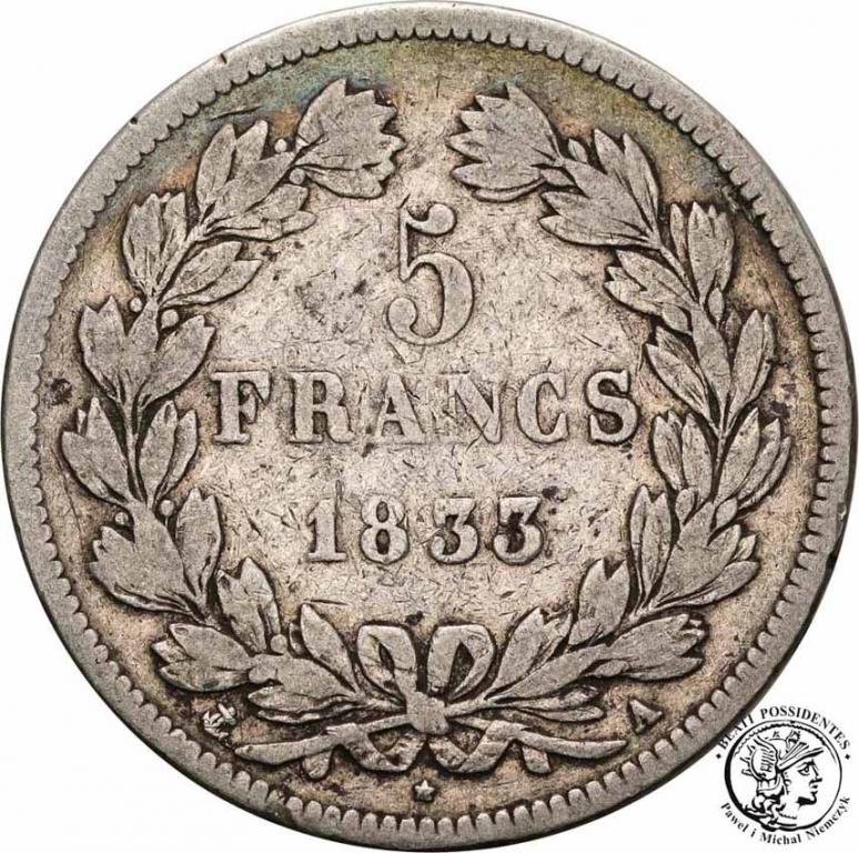 Francja 5 franków 1833 A Ludwik Filip st. 3-