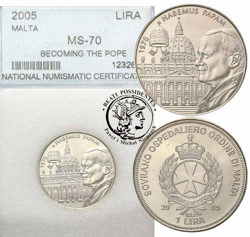 Malta 1 Lira 2005 Papież Jan Paweł II NNC MS70