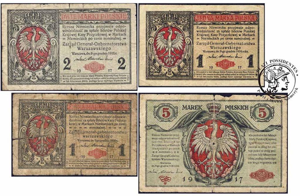 Generał banknoty 1,2,5 marek polskich 1916 st3/4-