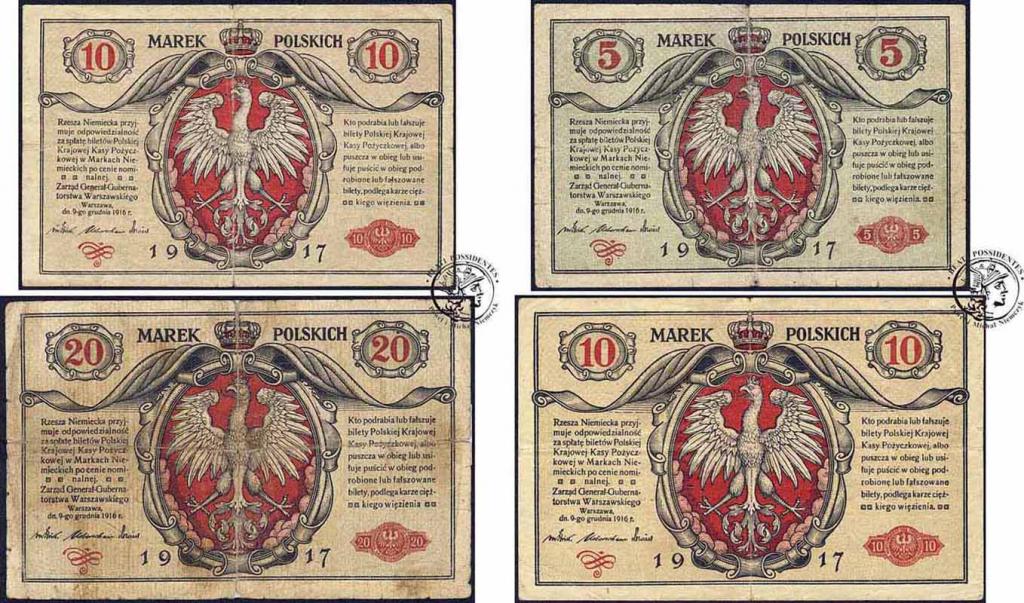 Banknoty 5, 10, 20 marek polskich 1916 Generał st4