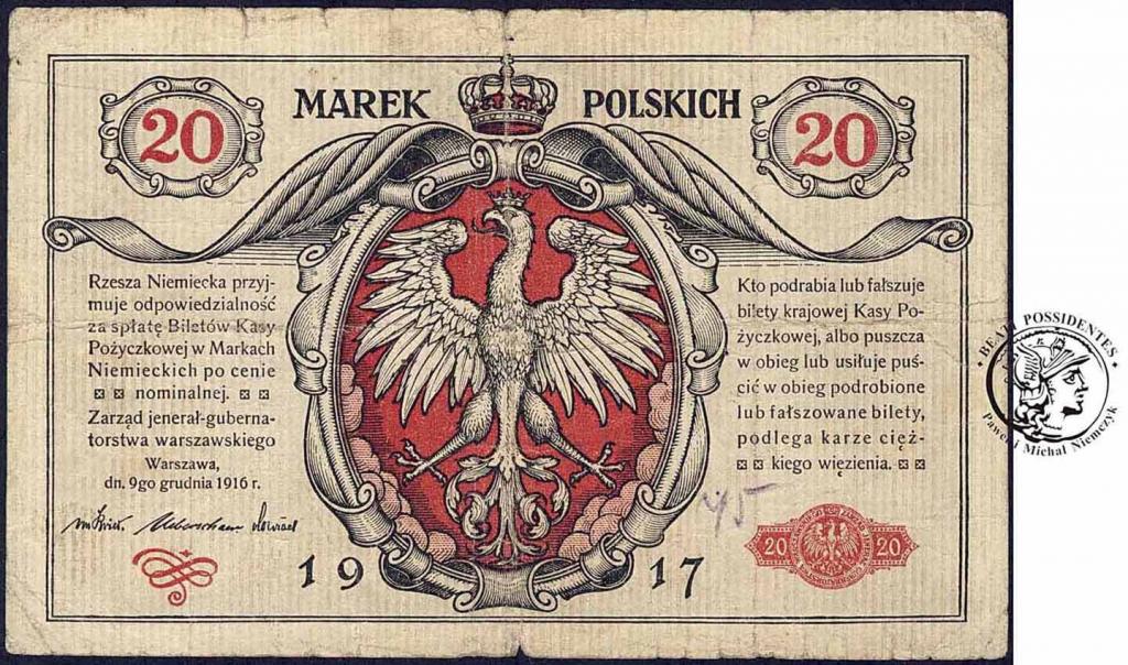Banknot 20 marek polskich 1916 - JENERAŁ st.3-/4