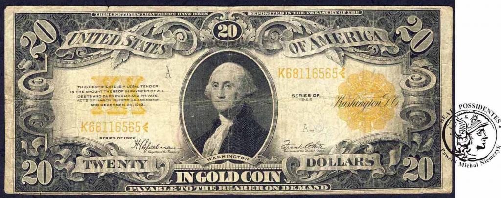 20 dolarów 1922 Gold Certificate large size st.4