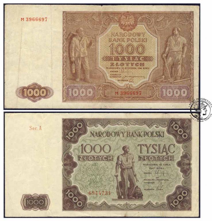 Banknoty lot 2 x 1000 zł 1946 i 1947 RÓŻNE st3/3-